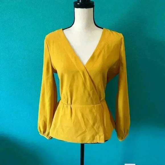 J. Crew Drapey Crepe Faux Wrap Top Yellow Peplum Tie Waist Surplice Blouse 6 - Picture 4 of 7